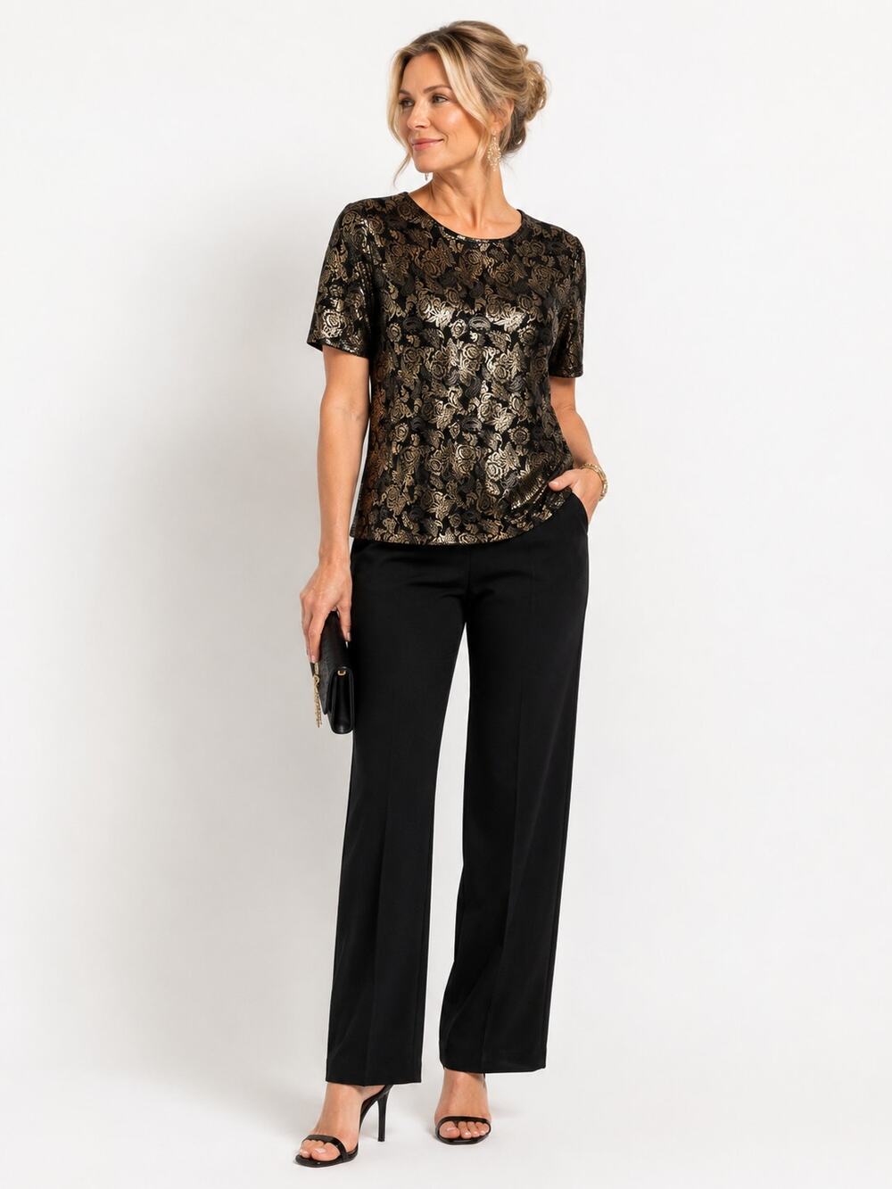 LR3151 Petites By Fundamental Things Black Gold Floral Metallic Evening Top